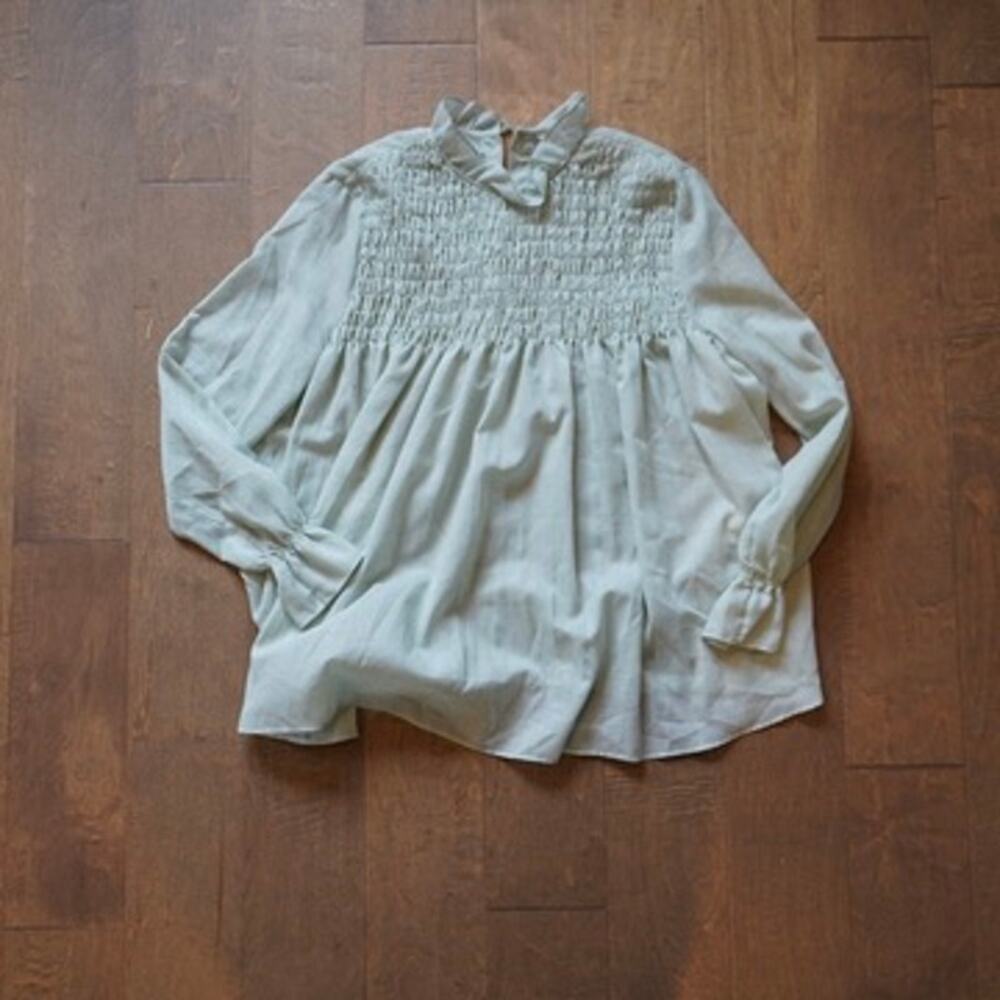 Vtg Mila Schön Long Sleeve Back Button Shirred Top Pale Green Womens Size Est. L